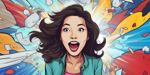 Joyful and Vibrant Asian Woman on Colorful Pop Art Background, Generative AI
