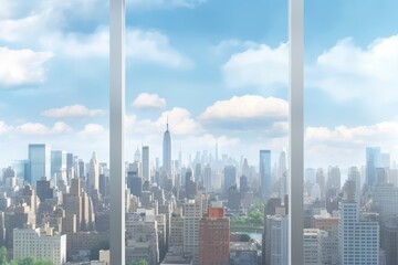 Fototapeta na wymiar Skyline of New York City's Manhattan from a High Rise Window. Gorgeous real estate with a view. Interior skyscrapers view cityscape mockup of a blank room with a white wall. the day. In the middle of