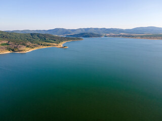 Aerial Sunset view of  Zhrebchevo Reservoir, Bulgaria
