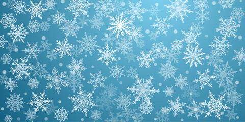 Christmas background of beautiful complex snowflakes in light blue colors. Winter illustration with falling snow