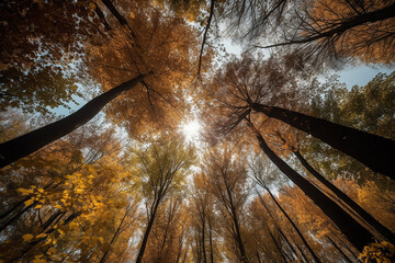 Autumn forest, view from bottom, fish eye effect. Generative AI