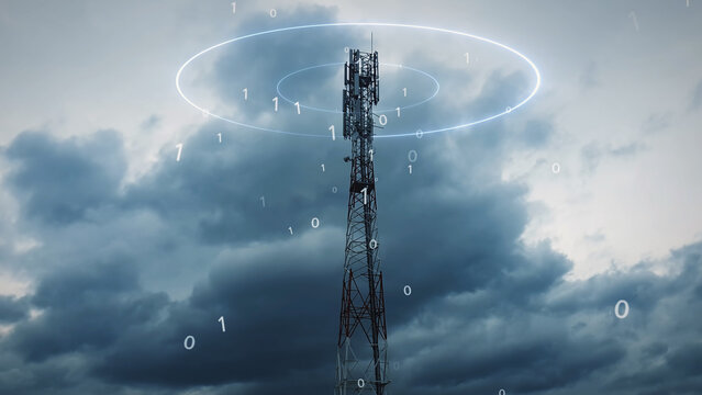 5G Telecom Tower with binary code data and electromagnetic radio waves against cloudy sky - Powered by Adobe