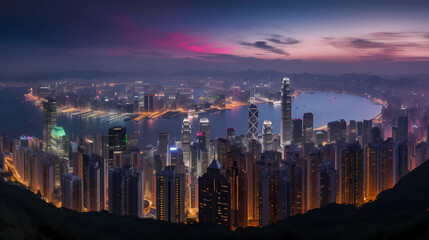 As twilight descends, a modern metropolis comes alive with a captivating display of lights. The city skyline is adorned with skyscrapers, their glass facades reflecting the warm hues of the setting su