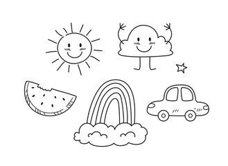 Doodle coloring page set. Cute print with smiling sun and cloud, watermelon and car, star and rainbow. Sketch with drawings in hand drawn. Linear flat vector collection isolated on white background