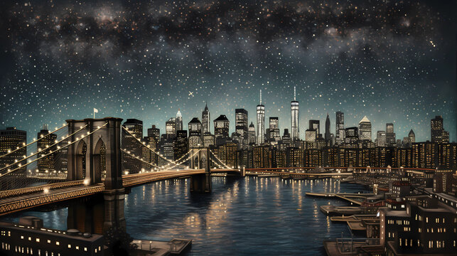 Behold a celestial spectacle of architectural constellations in a modern metropolis. The cityscape is adorned with iconic buildings, each representing a star in the urban sky. These architectural gems