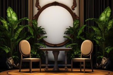 a mockup of two empty frames, a fashionable room with a table and chairs, a green plant,