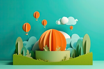 Hot balloons flying above the clouds in paper style, created with Generative AI