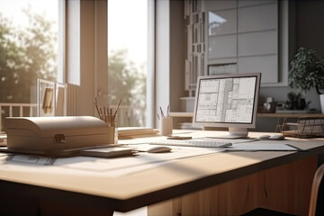 Minimalistic space for work of stylish modern home office creative desk with architectural project on computer screen, printer and big window, created with Generative AI