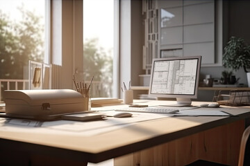 Fototapeta premium Minimalistic space for work of stylish modern home office creative desk with architectural project on computer screen, printer and big window, created with Generative AI