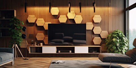 Japanese-style wooden floor and tv cabinet with wooden hexagonal tiles on the wall.