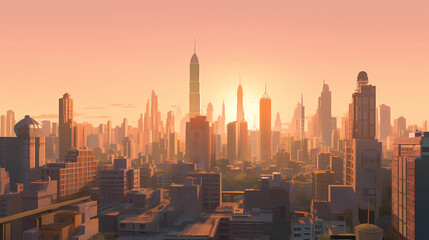 Witness the magical transformation of a modern cityscape as twilight casts its spell. The bustling streets and towering skyscrapers become bathed in the enchanting hues of the setting sun. The warm go