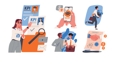 Characters looking for job set. People choose company and create resume after graduation. Hiring worker, recruitment and headhunter concept. Cartoon flat vector collection isolated on white background