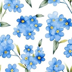 Obraz premium Seamless pattern of myosotis or forget-me-not. Summer, cute little flowers. Floral background. AI illustration for packaging, wrapping paper, wedding invitations, greeting cards, textile, web.