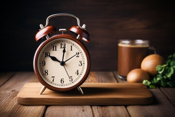 Alarm clock in the kitchen. The concept of proper regular nutrition. Background with selective focus and copy space