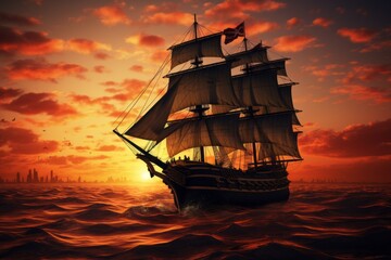 Sailboat as a symbol of the holiday in the United States. The concept of Columbus day and the discovery of America. Background