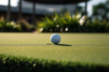 Golf ball on artificial turf. Background with selective focus and copy space