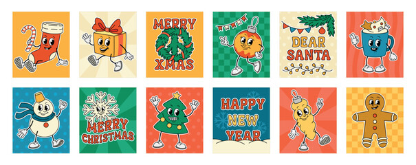 Christmas retro characters posters set. Vintage holiday greeting cards with hippie funny tree and gift, snowman and toys. Happy New Year prints. Cartoon flat vector isolated on white background