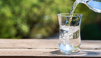 Clean drinking water is poured from a jug into a round glass cup on a wooden table and a light...