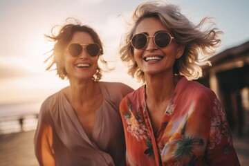 Two happy women spend time together on vacation. Portrait with selective focus - obrazy, fototapety, plakaty