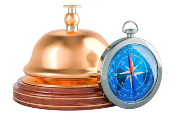 Compass with reception bell. Booking service and travel concept, 3D rendering