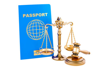 Passport with wooden gavel and scales of justice. 3D rendering