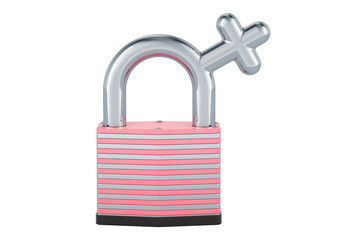 Female gender symbol with padlock, protect women concept. 3D rendering