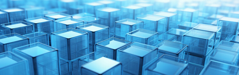 Multiple blue glass cubes or blocks in a grid alignment, on white surface. 3d render, 3d illustration