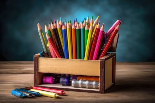 A picture of a wooden toolbox on a desk with a variety of colored pencils in a white fake frame
