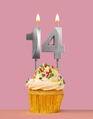 Birthday card with cupcake and candle number 14