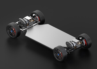 Obraz na płótnie Canvas Isometric view of Electric Vehicle Chassis with Solid-state battery pack on black background. 3D rendering image.