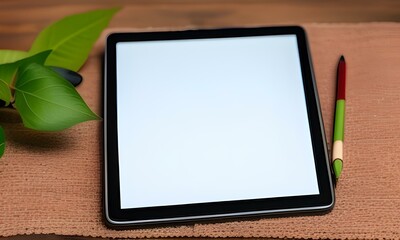 tablet pc with green screen on wooden table IA