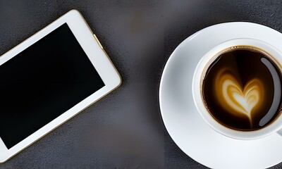 Fototapeta na wymiar cup of coffee on table and tablet IA