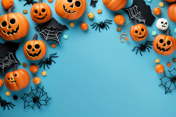 Halloween mock up with space for text. Funny creepy pumpkins and spiders.