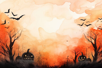 Halloween background with space for text. Evil pumpkins and bats.