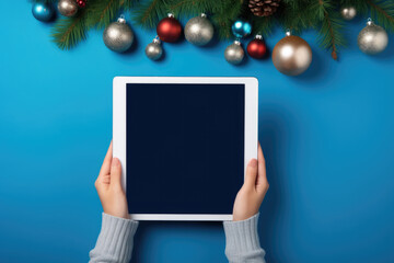 Top view of women's hands holding electronic device with space for text. Spruce branches with baubles.