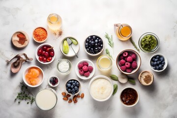 Fototapeta na wymiar Super Healthy Probiotic Fermented Food Sources, drinks, ingredients, on white marble background copy space top view