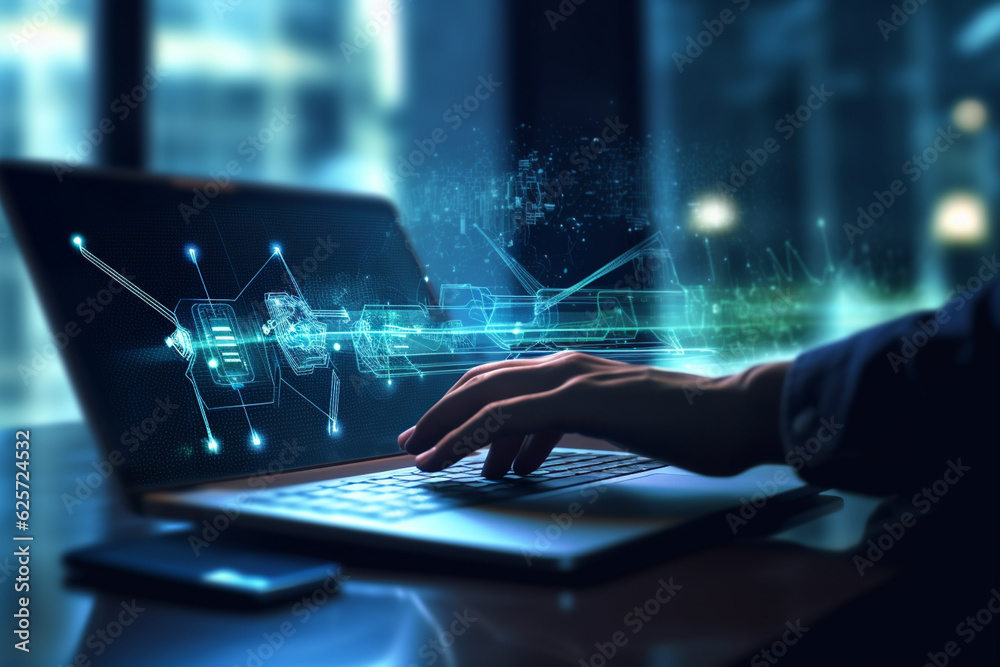 Wall mural close up of businessman hands using laptop with abstract digital circuit interface on screen