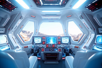 Spaceship interior with view from the window. 3d rendering