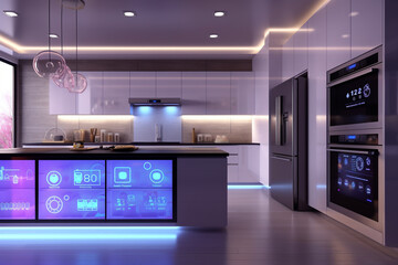 3d rendering of a modern kitchen interior design with black countertop