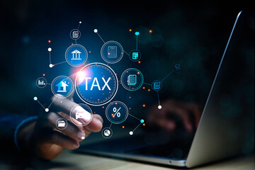 income tax concept. Businessman pointing to tax icon. income tax system icon around. pay online income tax. futuristic virtual screen interface technology. - obrazy, fototapety, plakaty