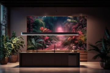 Interior of a contemporary kitchen with an empty billboard. mock, night