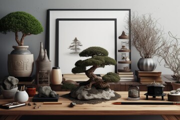 Interior of a stylish home decorated with a wooden table, a mock-up of a photo frame, books, a bonsai tree, a camera, and other items.