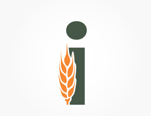 lowercase letter i with wheat ear. harvest and organic food alphabet logotype. agriculture and cereal farming design