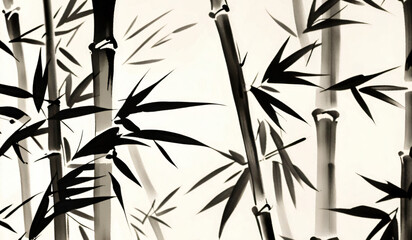 Japanese sumi-e style bamboo painting. Japanese ink painting of a bamboo. Extra wide format.