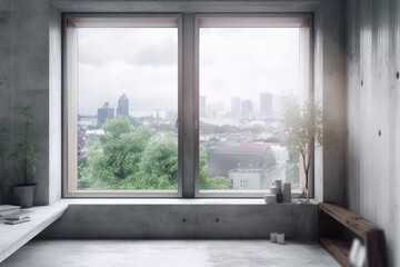 Modern concrete interior with windows, a blank wall, and a city view from the front. a mockup