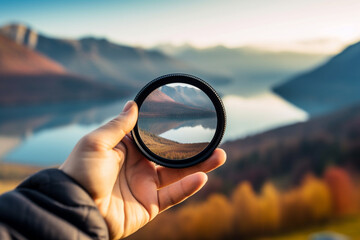 Camera lens in hand on the background of the mountains. Travel concept - obrazy, fototapety, plakaty