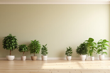 3d render of a living room interior with plants in pots.