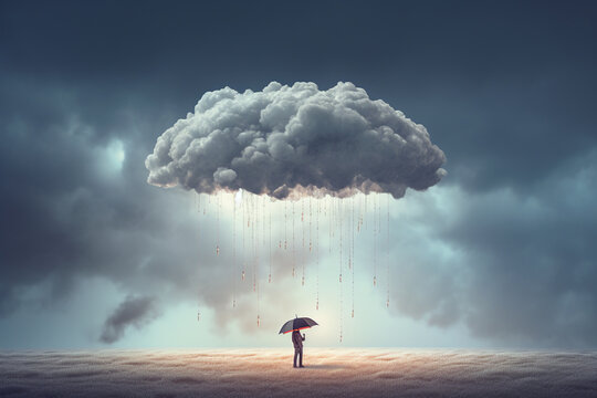Businesswoman with umbrella standing on the edge of a stormy field