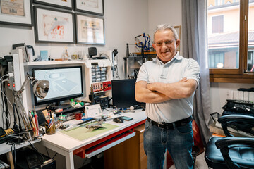 Smiling senior man wearing eyeglasses with crossed arms standing in workshop, home office