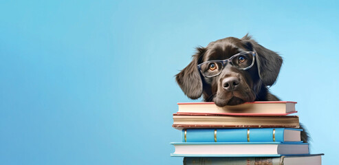 With a touch of humor, a dog adorns glasses while sitting next to a stack of books, set against a vibrant blue background, showcasing a delightful blend of intellect and playfulness.